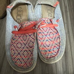 Hey Dude Colorful Geometric Slip-Ons with Red Accents